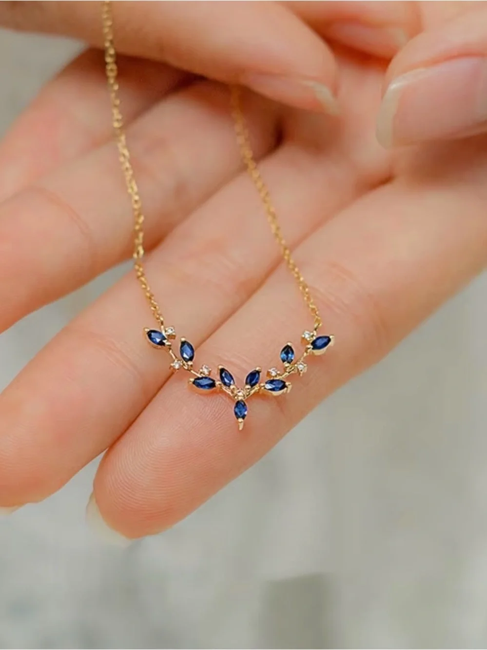 New Deer Antler Pendant  Necklace for Women Gold Plated  Deep Sea Blue Zirconia